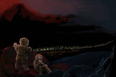 Sam and Frodo spy on the host of Mordor by Reko
