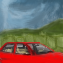 Bessie eats a bright red 1998 Saturn with tan interior. by tomfuck