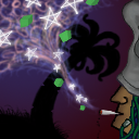 A guy with green dreadlocks and a silly hat blowing some groovy smoke by break