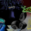 Strange abstract tile. I don't know why the hammer is being suspended by the hanging-down things from the tree! by Fydo