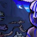 a man, a duck, a pig, a lizzard, a mouse, a sharkish thing and whatnot. mountain too and some clowds. by wirewolf