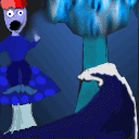 A tsunami in front of a gnome on a blue mushroom ignoring the ice tree behind him by Yadoking