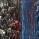 a corpse on the rocks, blood washing away by the waterfall by kemical