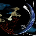 Starships passing over a burning earth... flares being shot up into space. by shiftycapone