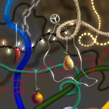 Yarn, and chain, and string, and yarn, and gold, and Christmas lights, and ribbon, and a peace necklace. by gecko