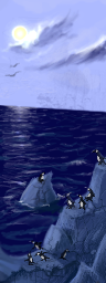 Dual star system and penguins. Don't ask me how they got up there. Maybe they can fly. by gecko
