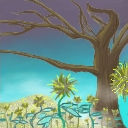 Huge tree of life, fog and a field of daffodils by voidmain