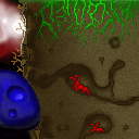 A cliff, a sun behind it, a blue sponge and some ants - pretty difficult because the guy to the left probably used antialiasing and there was a row of pixels darker than the rest by zkreso