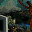 what's bizarre here? the bird has a hat on. and the frog is drinking beer! by greg