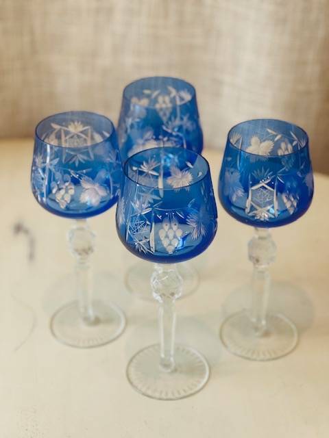 Polish Blue Cut Crystal Wine Glasses