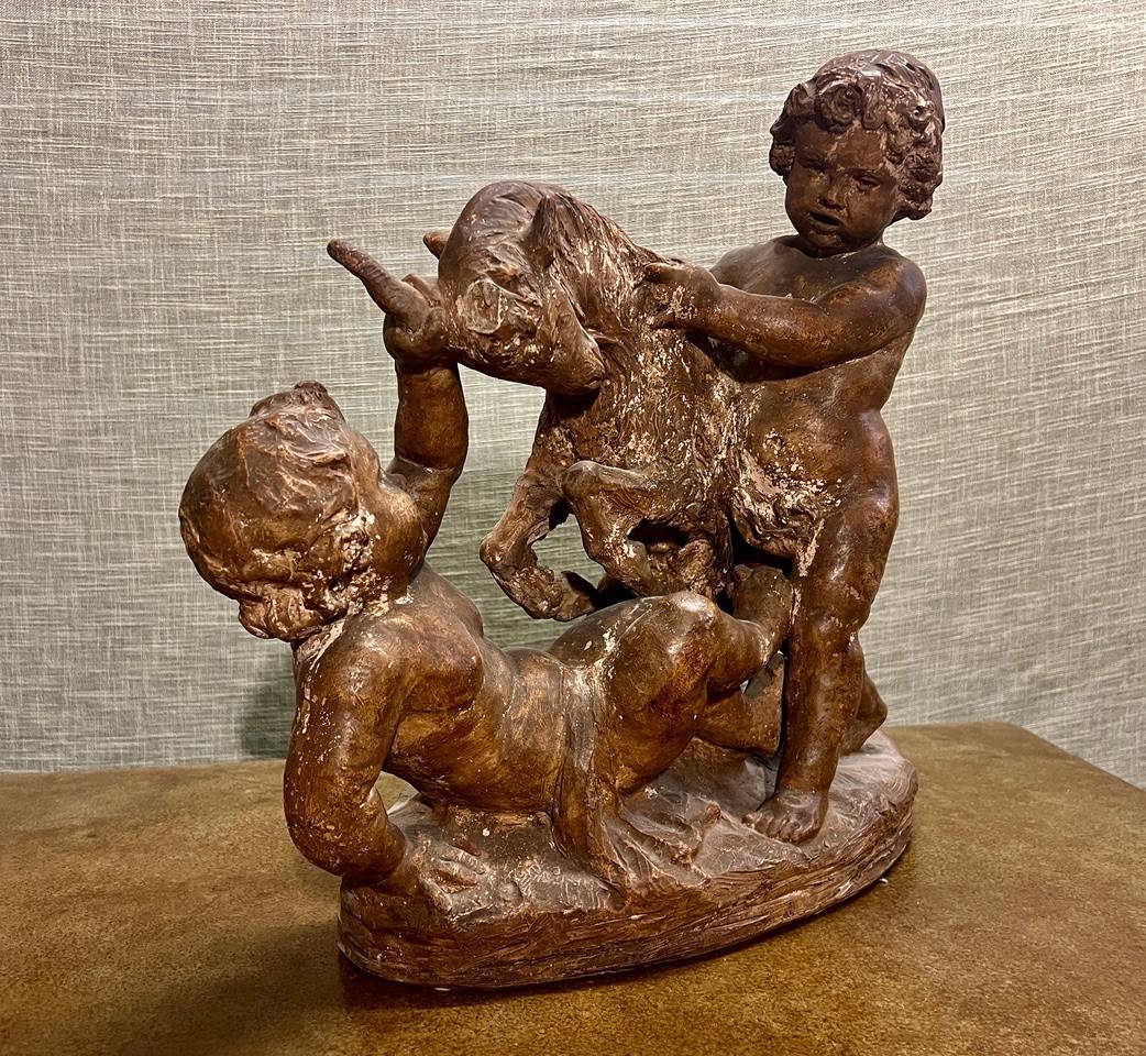 19th Century Terra Cotta Ram and Cherubs