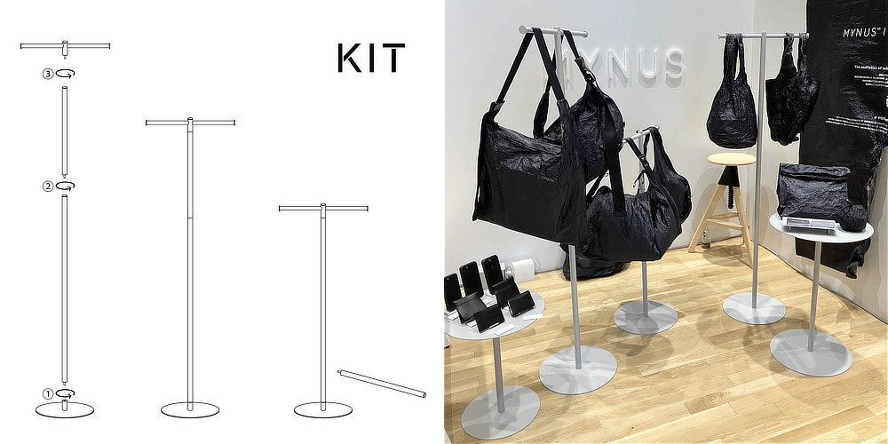 工具いらずで、組立て・解体が簡単なことから、オフィスやショップでの採用実績も多数。直感的に組立て・解体ができる設計で、展示会やポップアップショップなどでも重宝されている｜おしゃれなアパレルショップの什器を手掛ける日本コパック株式会社によるお洒落なスチール家具『KIT（キット）』