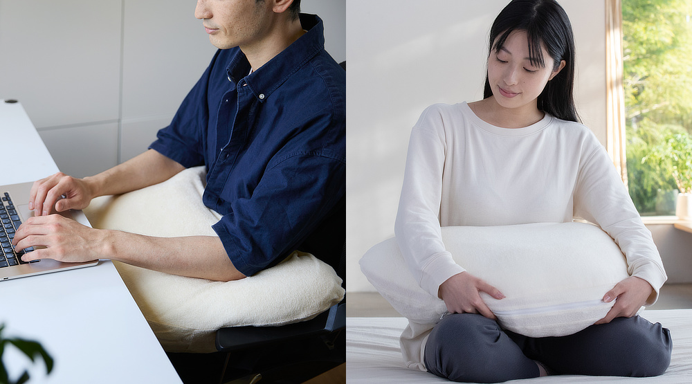 睡眠時以外にも、PC作業をするときや授乳時の「アームレスト」としてもフィット。横向き寝 専用枕『YOKONEGU Premium(ヨコネグプレミアム)』(抱きまくら)