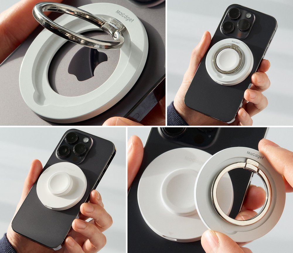ネオジム磁石を使用しているので、ホールドリングやスマホスタンドを装着しながら、すべてのMagSafe充電を一括で、しかも両面で行える|iPhone・Apple Watch・AirPodsのワイヤレス充電がひとつに!強い磁力でカンタン設置できる、MagSafe対応スマホリング充電器|MaGdget(マジェット)のチャージリング