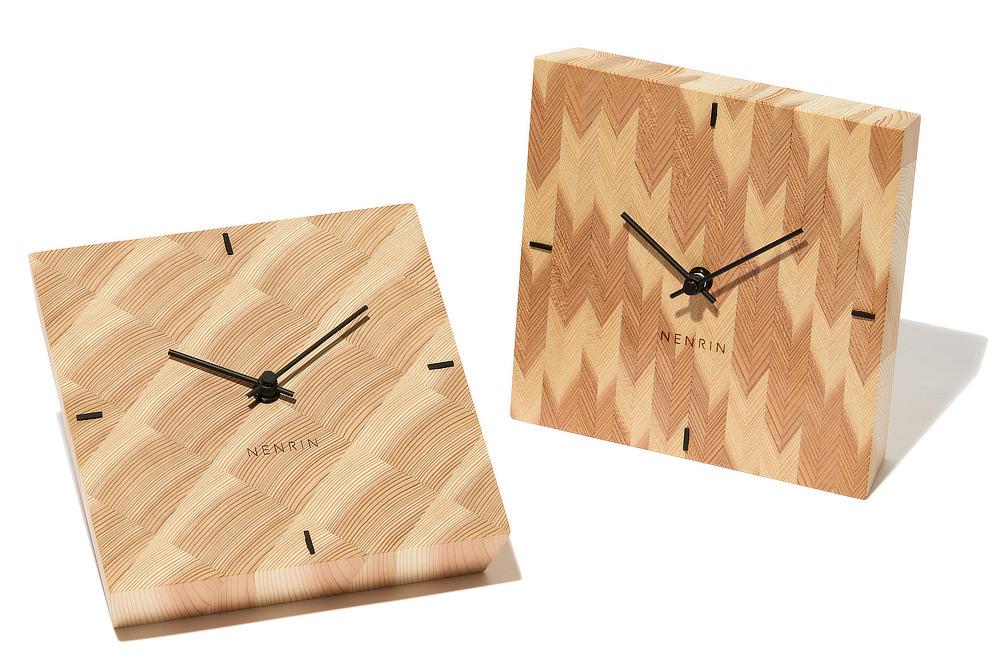 国産の木から日本の職人の技術によって生まれた『NENRIN CLOCK』｜青海波は「いつまでも穏やかな暮しが続くように」、矢羽は「立身出世、武運、繁栄」。佐賀産の杉で組み上げた、縁起の良い壁掛け・置き時計「年輪時計」｜NENRIN CLOCK