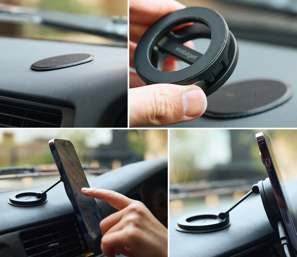 使いたい時は、プレート上に「マジェットスタンド」をピタッとくっつけるだけ。|車載ホルダーやデスクスタンドに安定感バツグン!MagSafe対応、強い磁力でカンタン設置できる折りたたみ式スマホスタンド|MaGdget(マジェット)