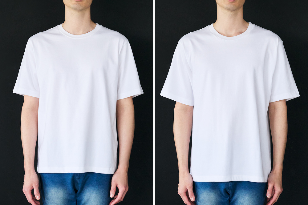 男性着用イメージ、サイズ｜透けない、ヨレにくい、一枚で決まるシルエット。大人が「終着TEE」にしたい着心地「白Tシャツ」男女兼用・ユニセックス｜TARROW TOKYO（タロウトウキョウ）