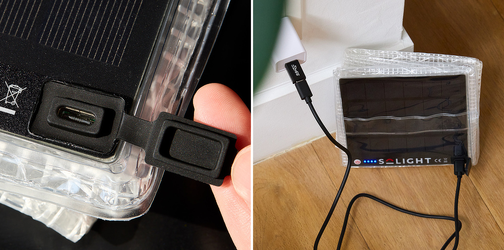 付属のUSB Type-Cケーブルを使えば、有線での充電もOK!その場合、2時間ほどでフル充電が完了|長時間点灯、大容量バッテリー付き、折り畳めるランタン「MEGAPUFF(メガパフ)」(ソーラー充電式ランタン、太陽光発電ランタン、キャリーザサン、ソーラーパフ)