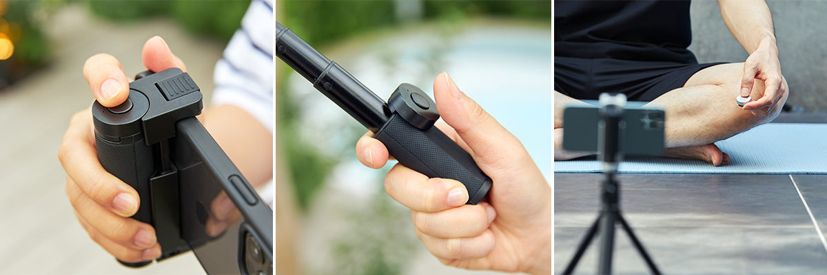 コンパクトで軽量。ポケットに入れっぱなしにしても邪魔にならない超小型｜一眼レフのような安定感、自撮り棒にもなる。マルチに使える、スマホスタンド・多機能グリップ｜ShutterGrip 2（シャッターグリップ ツー）