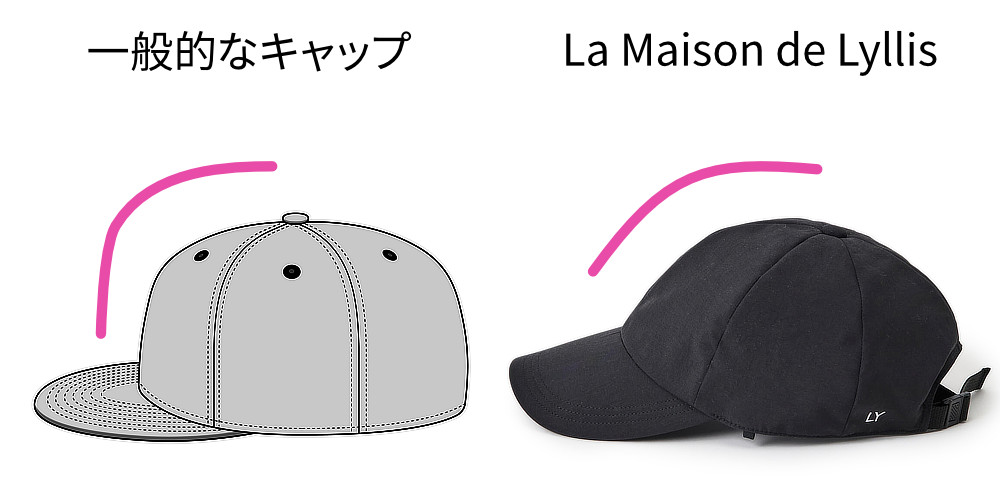 クラウンの表にはステッチを出さず、シルエットも丸みがあってコンパクト。スポーツブランドのベースボールキャップのように頭のハチが角張っておらず、スッキリしています。｜大人に似合う、La Maison de Lyllis（メゾンドリリス）のおしゃれな帽子・キャップ・ハット