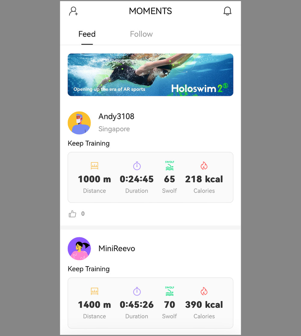 「MOMENT」には、世界中のユーザーのトレーニング状況が表示され、モチベーションアップ｜まるでスカウターのごとく、レンズに計測モニターが現れる、近未来的スイミングギア『Holoswim（ホロスイム）2S）』（スイミングゴーグル）