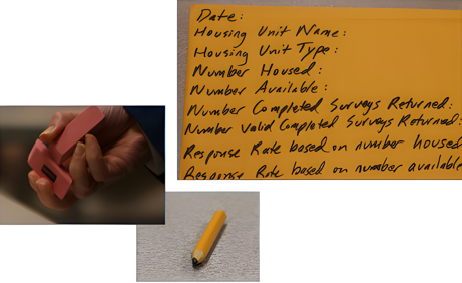 A photo collage of a person holding erasers, a pencil on a desk, and a yellow 8 by 11 envelope that holds the survey