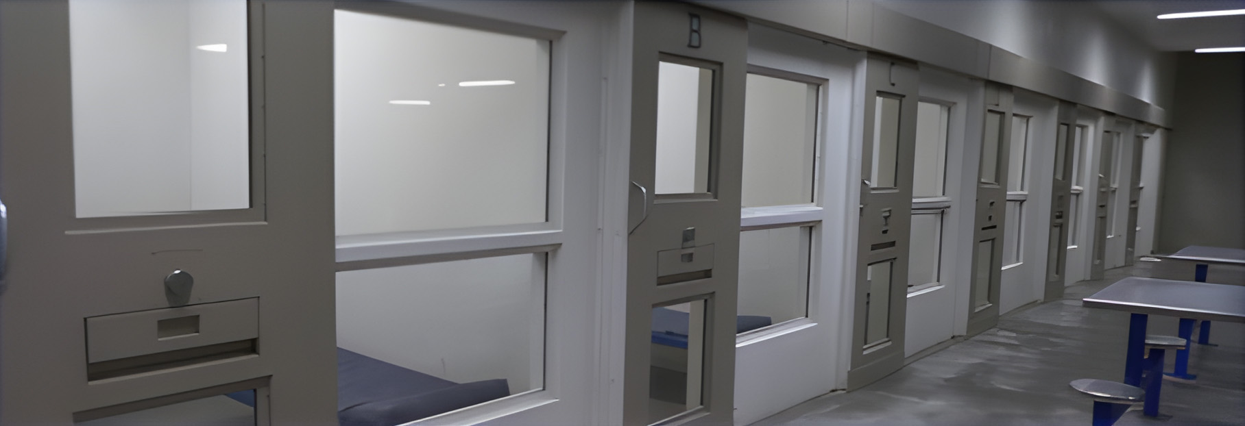 an image of an empty housing unit with a wall of cells facing tables in the common area