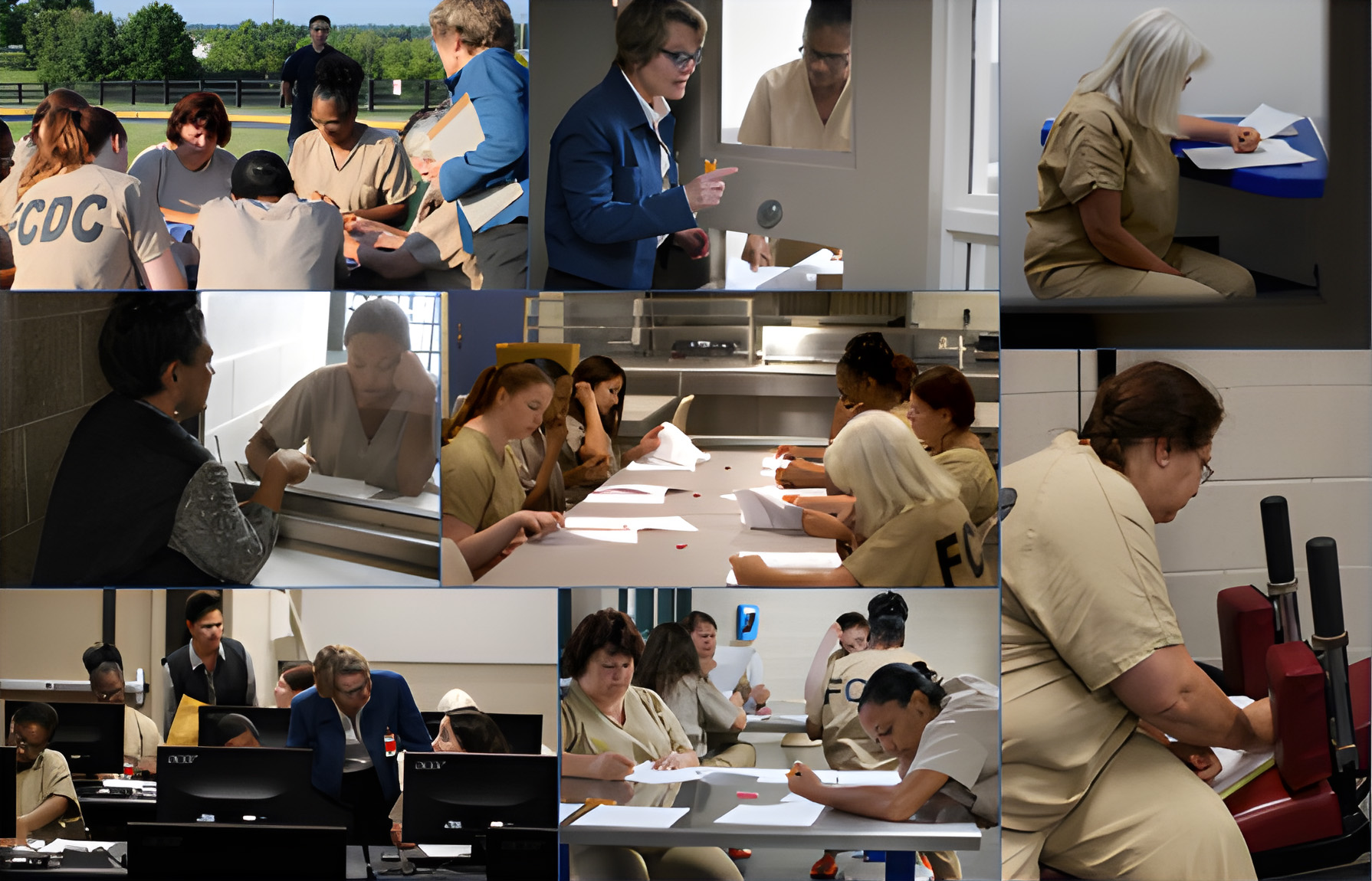 another collage of incarcerated individuals filling out the survey at computers and tables