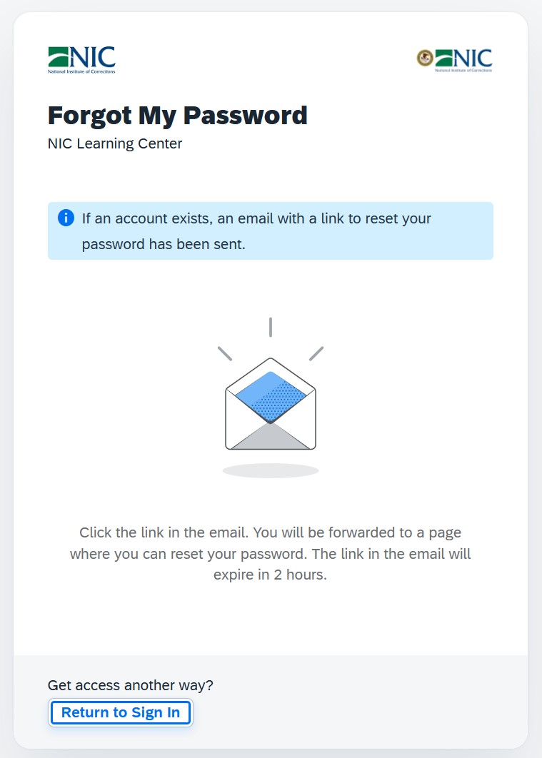 Screenshot of the Learn Center forgot password confirmation page
