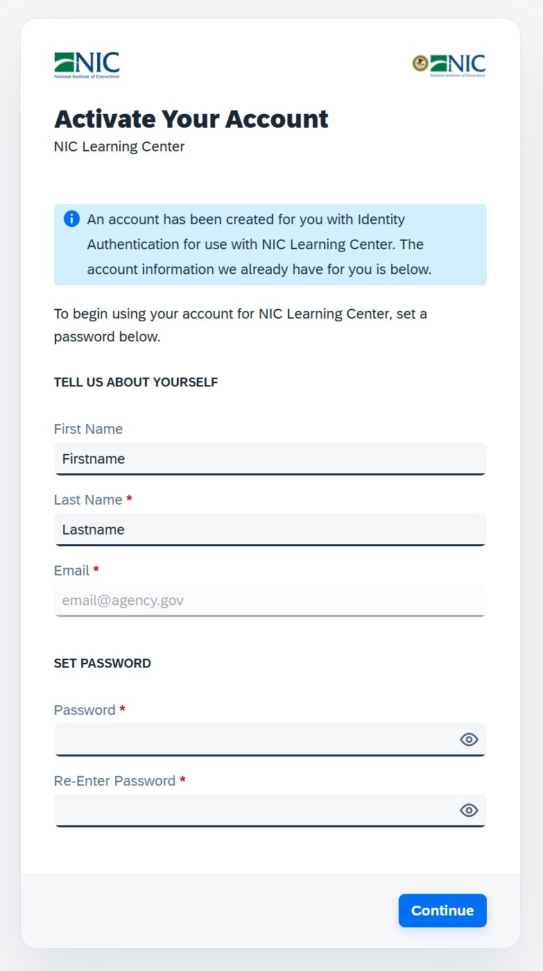 Screenshot of the account activation form.