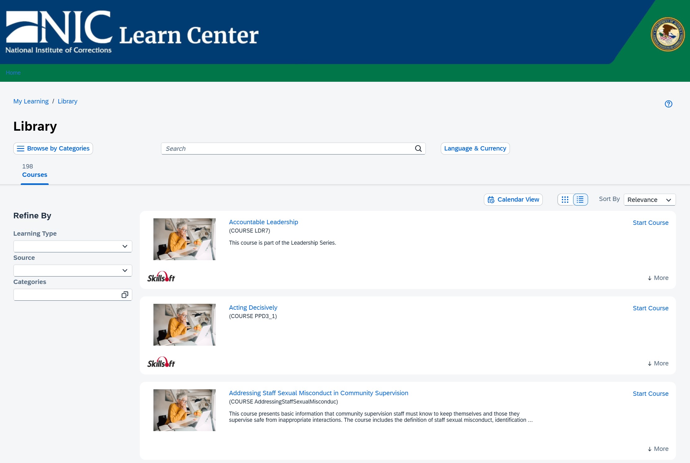Screenshot of the Learn Center list of all courses.