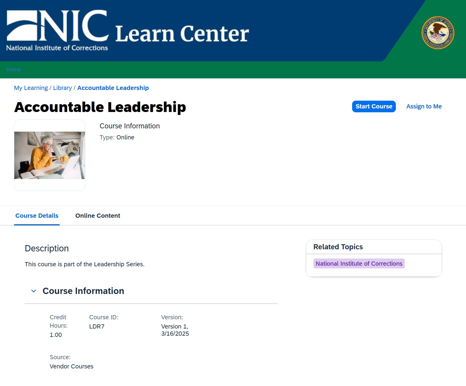 Screenshot of a course detail page