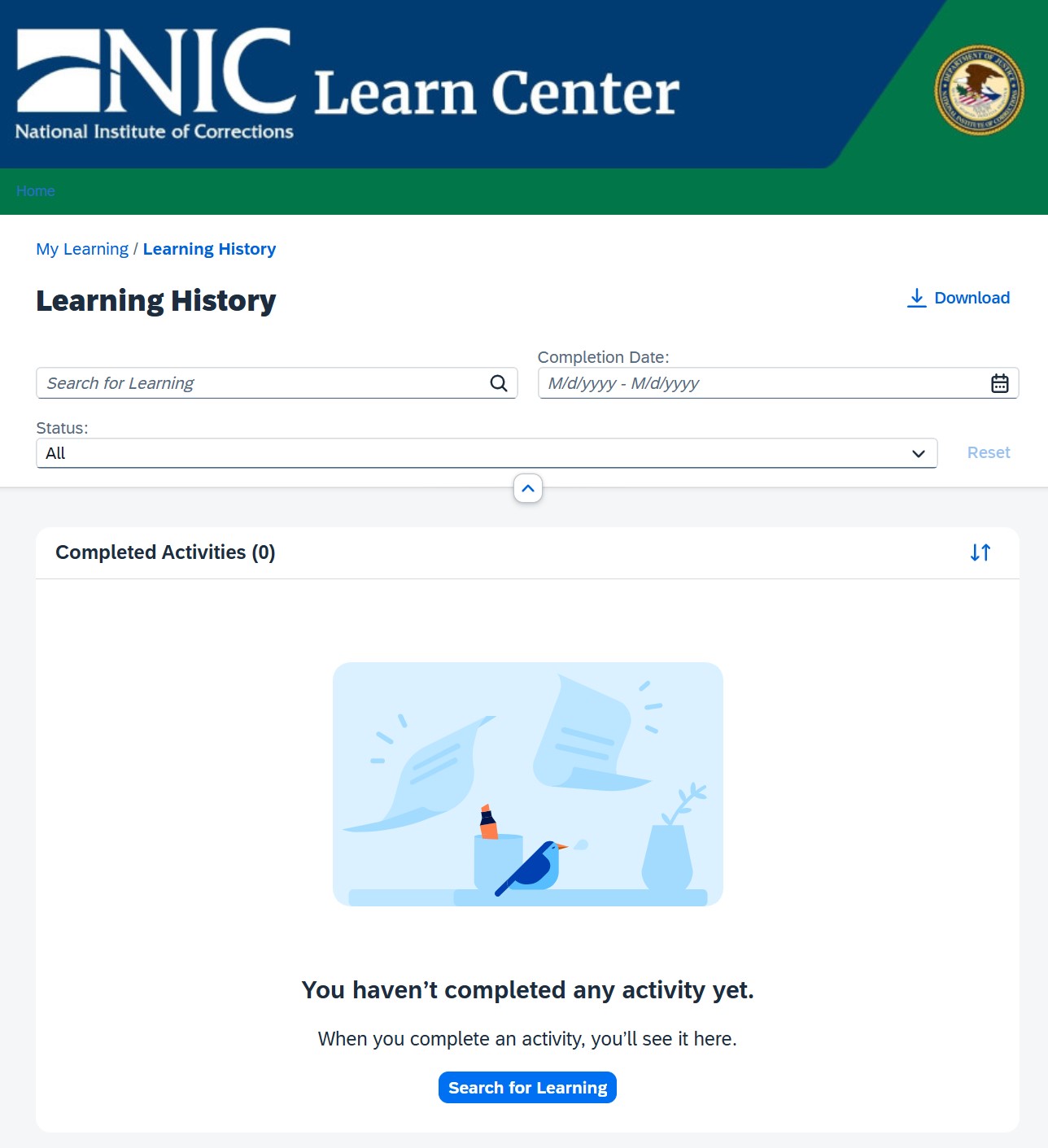 A screenshot of the Learn Center History page