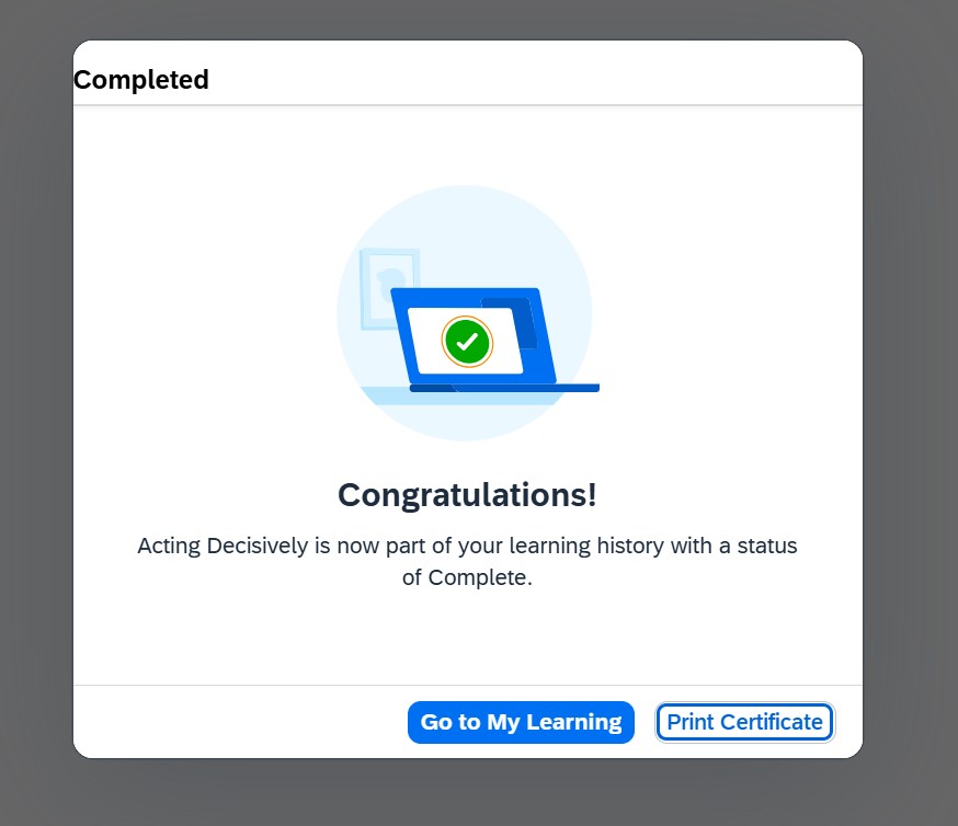 A screenshot of the congratulations popup after completing a course.