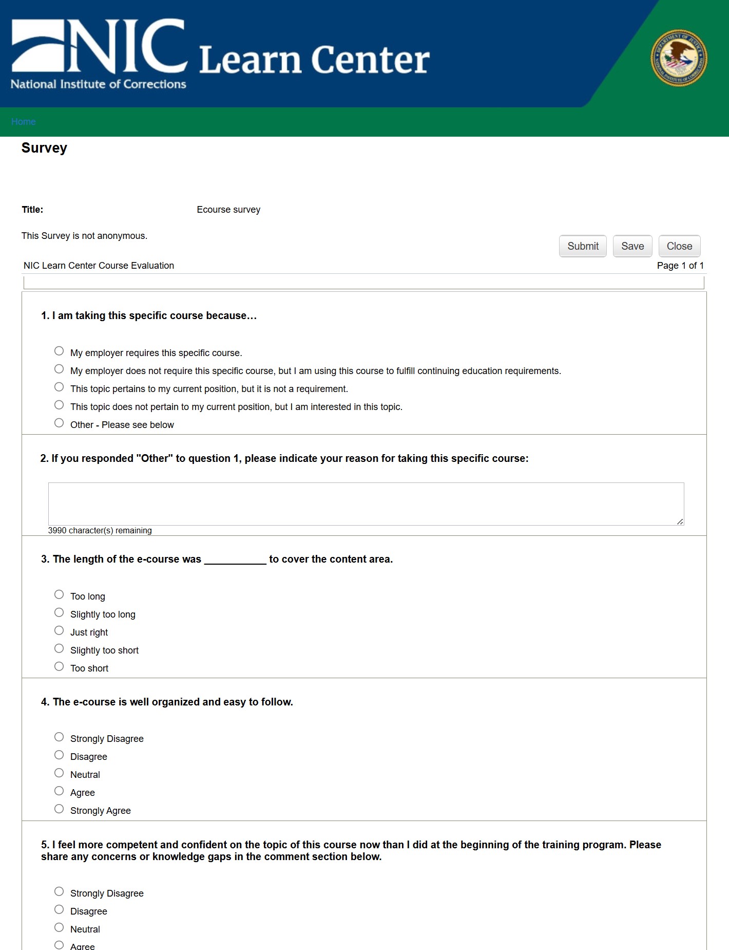A screenshot of the Learn Center survey