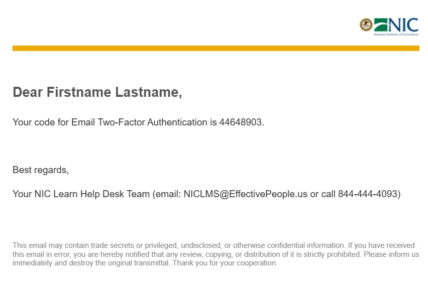 Screenshot of the account Multi-Factor Authentication Code email. It includes a random number that must be entered when accessing the learn center