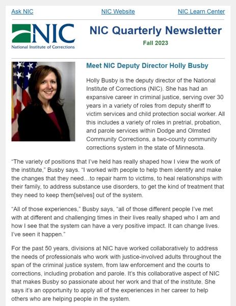 A screenshot of the NIC quarterly Newsletter from fall 2023