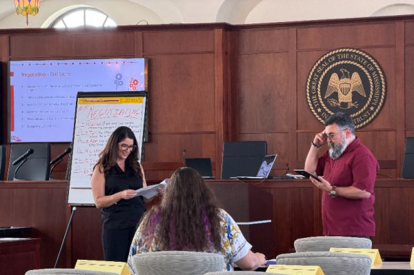 a man and woman present in front of a class with a paper whiteboard of notes
