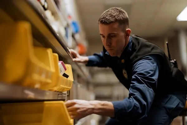 a white male officer looking for medication