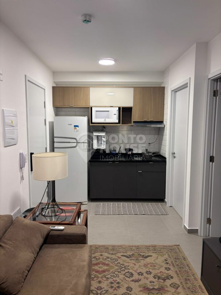 Apartamento novo mobiliado para locação de 1 dormitório, 1 sala e 1 vaga
