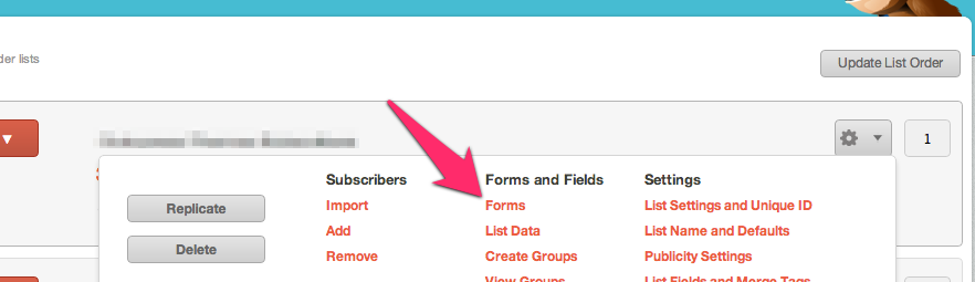 Mailchimp list options screenshot