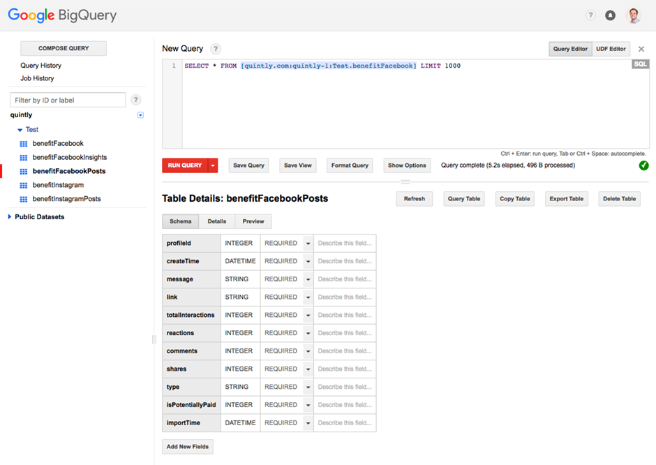 integrate quintly BigQuery