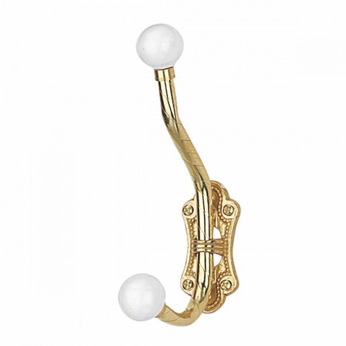 Vintage Brass Coat Hat Hook Double Porcelain Ball Tip
