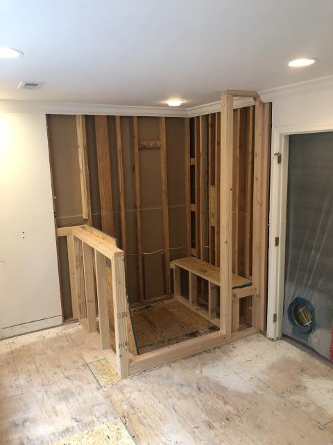 Medford, NJ - At our master bathroom project in Medford, here you can see the beginnings of what will be an awesome new shower. The bench, knee wall, and privacy wall have all been framed. Check back for more, you're not going to forget this one! Medford, NJ - At our master bathroom project in Medford, here you can see the beginnings of what will be an awesome new shower. The bench, knee wall, and privacy wall have all been framed. Check back for more, you're not going to forget this one!