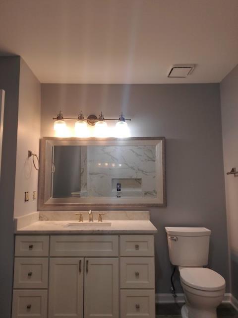 Mount Laurel Township, NJ - 1/2 of a full bathroom that we did a tub to shower conversion, with a new vanity and toilet. That vanity is gorgeous. Mount Laurel Township, NJ - 1/2 of a full bathroom that we did a tub to shower conversion, with a new vanity and toilet. That vanity is gorgeous.