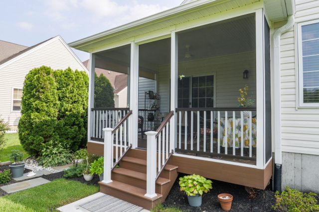 Evesham, NJ - Turned back porch off of kitchen into a screened in porch with beautiful wood rails and spindles and sliding glass doors Evesham, NJ - Turned back porch off of kitchen into a screened in porch with beautiful wood rails and spindles and sliding glass doors