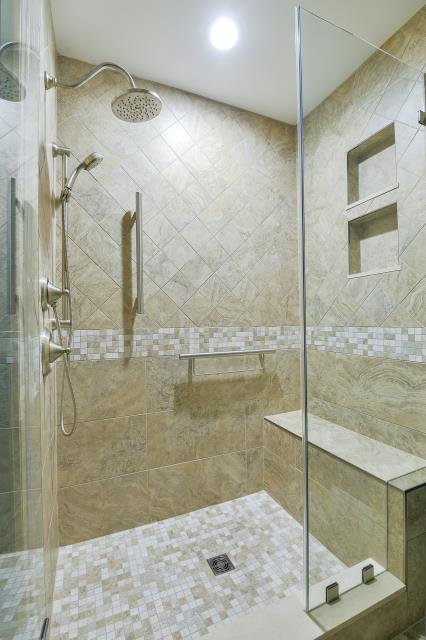 Medford, NJ - Our Medford master shower project features a bench, two niches, two shower heads and grab bars for comfort and security. Medford, NJ - Our Medford master shower project features a bench, two niches, two shower heads and grab bars for comfort and security.
