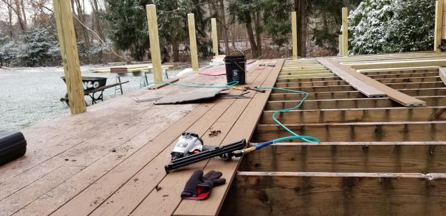 Medford, NJ - Making progress on our Medford deck project despite some light snow showers! #TimberTech #Decking #Medford #GreatCarpenters #NussConstruction #weloveourcustomers #Medford Medford, NJ - Making progress on our Medford deck project despite some light snow showers! #TimberTech #Decking #Medford #GreatCarpenters #NussConstruction #weloveourcustomers #Medford