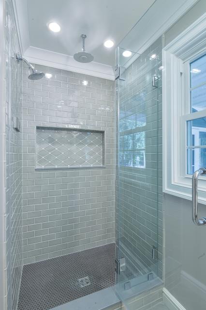 Southampton Township, NJ - Dream shower in small master bathroom in Southampton,NJ. These customers had a small master bathroom space and wanted to get ride of the old blue shower with a seat and replace with large shower glass door and tile niche. Southampton Township, NJ - Dream shower in small master bathroom in Southampton,NJ. These customers had a small master bathroom space and wanted to get ride of the old blue shower with a seat and replace with large shower glass door and tile niche.