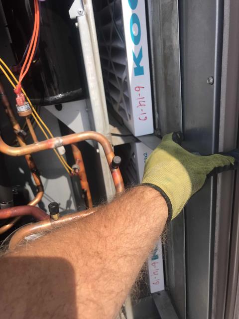 Preventative air conditioning maintenance scheduled for a commercial customer in Arcadia California. Two York systems onsite. Completed PM checklist, including filter swap, pressure check, coil washing. Both units operational, with 53/54 degree supplies. PM complete.